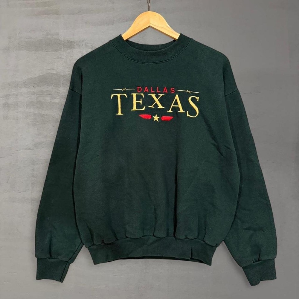 Vintage Crewneck Sweatshirt Green Dallas Texas Embroidered Large